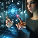 a woman touches a futuristic computer screen