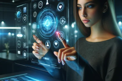 a woman touches a futuristic computer screen