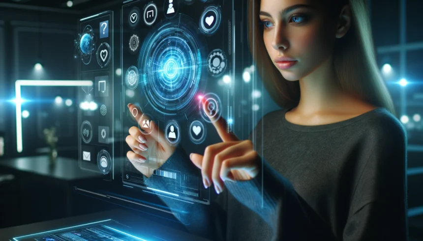 a woman touches a futuristic computer screen